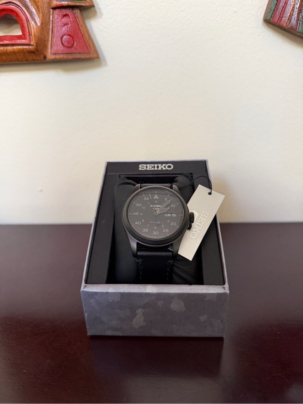 Seiko Men's All-Black Field Watch with Black Leather Strap - SRPJ11